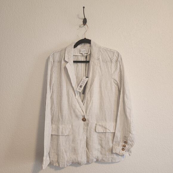 MICHAEL STARS SINGLE BREASTED BLAZER‎ WHITE/BLACK WOVEN LINEN WOMENS SMALL - Picture 2 of 8
